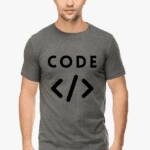 Person wearing a dark gray Premium Classic T-Shirt with the word ‘CODE’ in white letters above coding angle brackets symbol