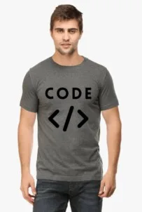 Person wearing a dark gray Premium Classic T-Shirt with the word ‘CODE’ in white letters above coding angle brackets symbol