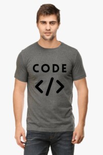 Person wearing a dark gray Premium Classic T-Shirt with the word ‘CODE’ in white letters above coding angle brackets symbol