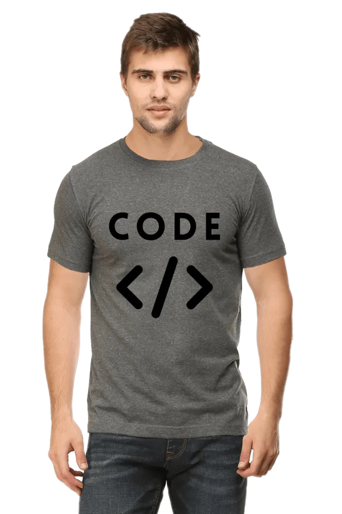 Person wearing a dark gray Premium Classic T-Shirt with the word ‘CODE’ in white letters above coding angle brackets symbol