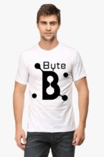 A person wearing a classic t-shirt from Looga.in, designed for techies and featuring a stylized letter B along with the word "Byte" in bold letters, stands confidently against a plain background, exuding an edgy vibe.