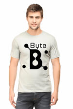 A man wearing the Classic T-Shirt Designed for Techies from Looga.in, featuring a large, stylized letter B with the word Byte above it, stands against a plain white background. The design incorporates Looga's abstract dot and line elements, adding an artistic flair to his look.