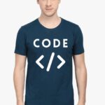 Person wearing a dark blue Techie's Classic T-Shirt with the word ‘CODE’ in white letters above coding angle brackets symbol