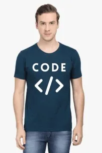 Person wearing a dark blue Techie's Classic T-Shirt with the word ‘CODE’ in white letters above coding angle brackets symbol