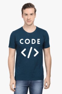 Person wearing a dark blue Techie's Classic T-Shirt with the word ‘CODE’ in white letters above coding angle brackets symbol