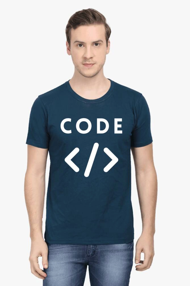 Person wearing a dark blue Techie's Classic T-Shirt with the word ‘CODE’ in white letters above coding angle brackets symbol