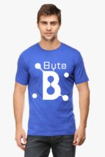 A person wearing the Men’s Blue Coding T-Shirt from Looga.in, featuring a large white "B" design with connected dots and "Looga Byte" above it, set against a plain white background.