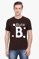 A person wearing a Men’s Blue Coding T-Shirt from Looga.in, designed with a large white "B" and the word "Byte" connected by nodes in black. They stand against a plain white background.