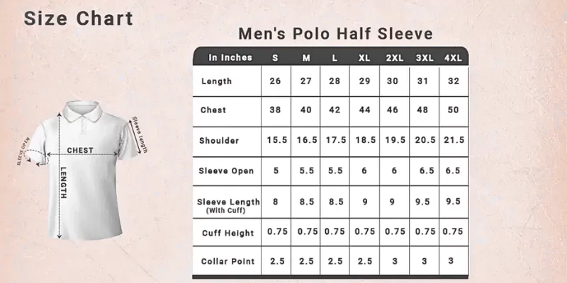 Men's Polo Half-Sleeve T shirt Size Chart