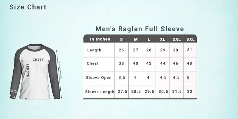 Men’s Raglan Full Sleeve T shirt Size Chart