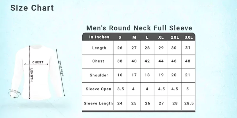 Men’s Round Neck Full Sleeve T shirt Size Chart