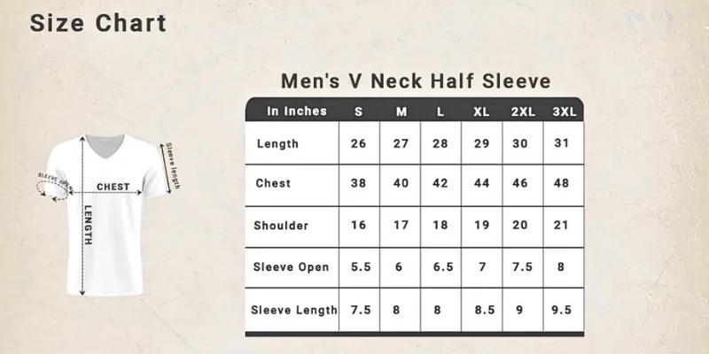 Men’s V Neck Half-Sleeve T shirt Size Chart