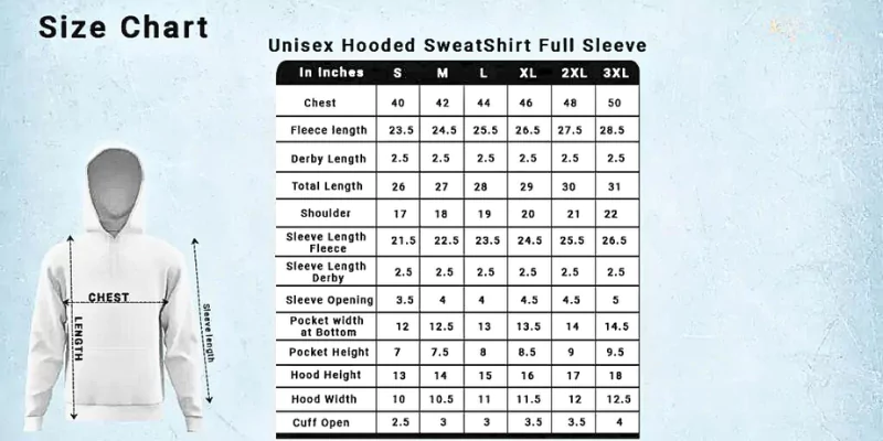 Unisex Hooded Sweatshirt Full Sleeve Size Chart