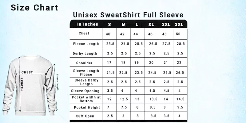 Unisex Sweatshirt Full Sleeve Size Chart