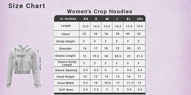 Women’s Crop Hoodies Size chart