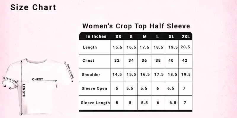 Women’s Crop Top Half Sleeve Size Chart