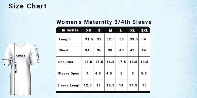 Women’s Maternity 3/4th Sleeve Size Chart