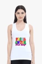 A woman with long hair is wearing the "Inspirational Tank Top for Women & Girls" by Looga, featuring colorful text that reads "Focus on the Good Things" against a subtle and stylish print. She stands against a plain white background.