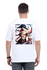 A person wearing a white T-shirt showcasing a colorful, anime-style illustration on the back stands with their back to us. The artwork features a muscular, long-haired character named Looga gripping a sword with intensity.