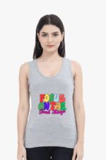 A woman with long dark hair and wearing hoop earrings stands against a plain white background. Her grey sleeveless Inspirational Tank Top for Women & Girls by Looga, adorned with the phrase "Focus on the Good Things" in vibrant letters, adds a touch of positivity and charm to her look.