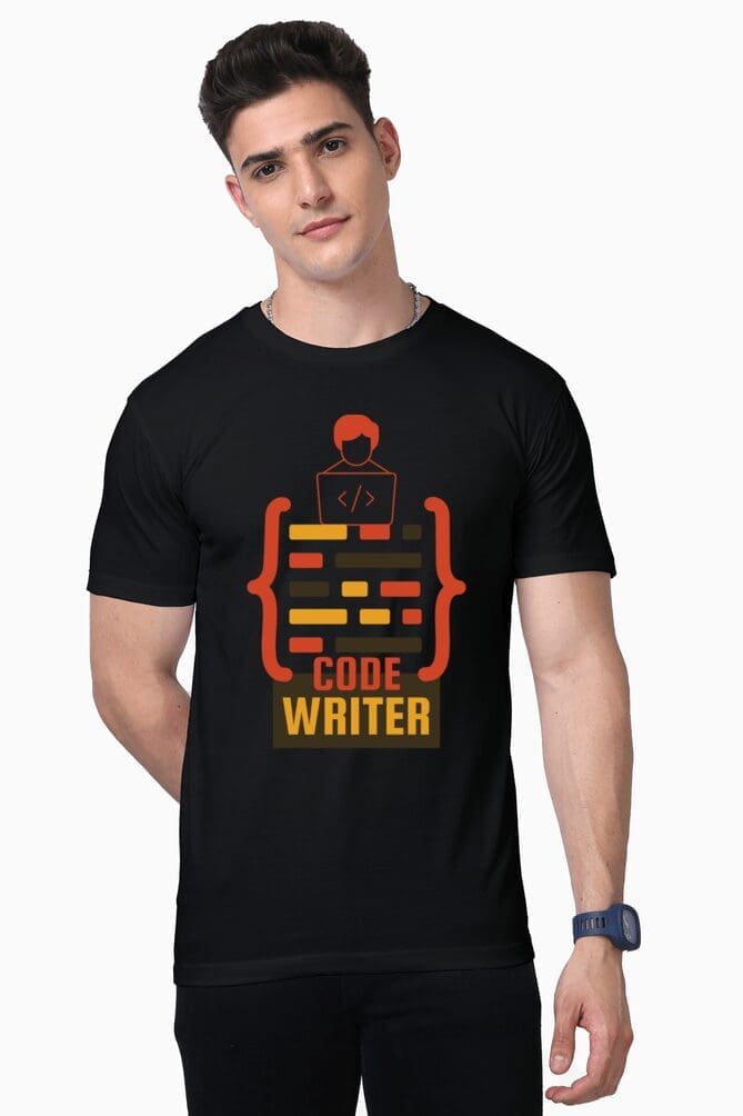 Wearing a Premium Programmer T-shirt from Looga's exclusive collection, someone stands against a plain backdrop. The black shirt showcases an illustration of a coder at their computer along with the bold orange and yellow text "CODE WRITER" while they look directly ahead. Wearing a Premium Programmer T-shirt from Looga's exclusive collection, someone stands against a plain backdrop. The black shirt showcases an illustration of a coder at their computer along with the bold orange and yellow text "CODE WRITER" while they look directly ahead.