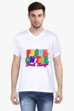 A person wearing a Stylish V Neck T Shirt for Men by Looga, featuring colorful text that says "Focus on the Good Things." They are also paired with blue jeans.