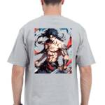 A trendy anime oversized t shirt featuring a vibrant back print with dynamic anime characters,