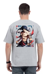 A trendy anime oversized t shirt featuring a vibrant back print with dynamic anime characters,