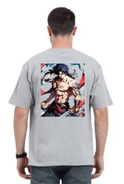 A trendy anime oversized t shirt featuring a vibrant back print with dynamic anime characters,