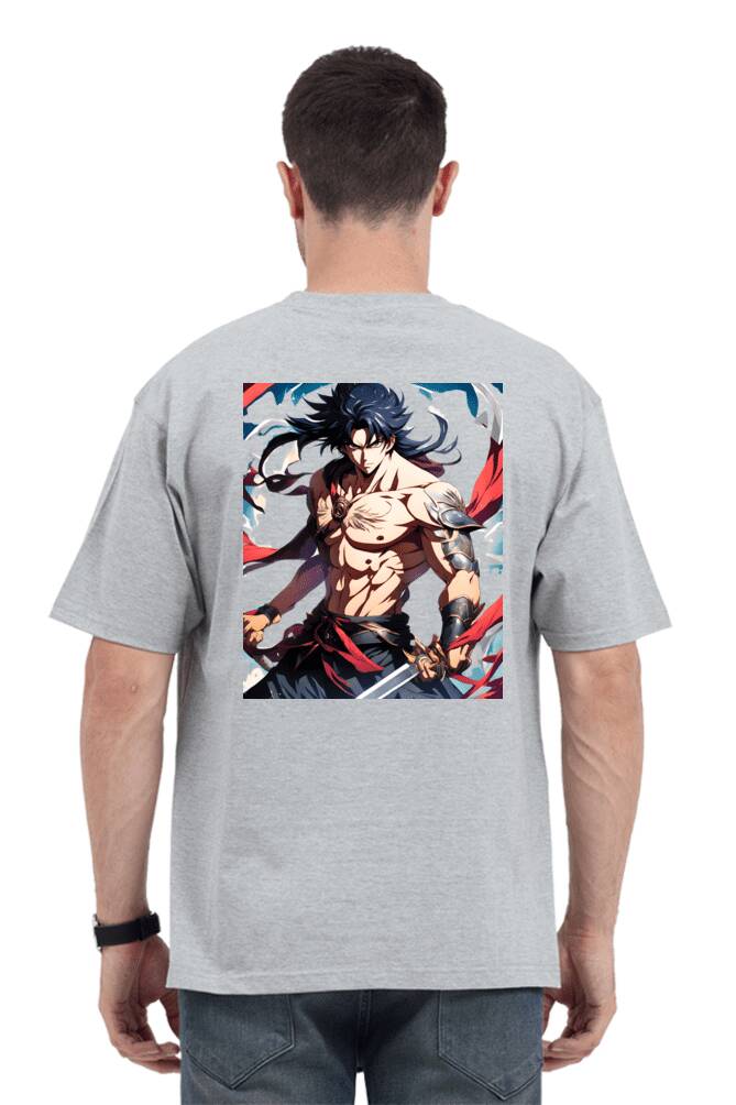Grey Melange A trendy anime oversized t shirt featuring a vibrant back print with dynamic anime characters,