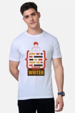 A person wearing a Premium Programmer T-shirt from the exclusive Looga collection, featuring the words "Code Writer" prominently displayed alongside code symbols. This standout piece celebrates the art of coding in style against a plain background.