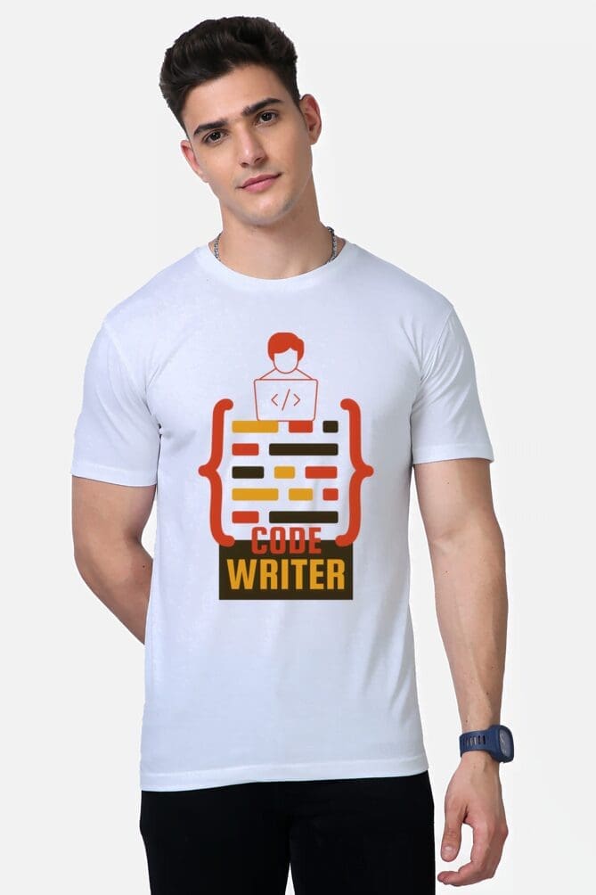 A person wearing a Premium Programmer T-shirt from the exclusive Looga collection, featuring the words "Code Writer" prominently displayed alongside code symbols. This standout piece celebrates the art of coding in style against a plain background. A person wearing a Premium Programmer T-shirt from the exclusive Looga collection, featuring the words "Code Writer" prominently displayed alongside code symbols. This standout piece celebrates the art of coding in style against a plain background.