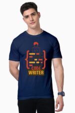 A person wearing a Premium Programmer T-shirt from Looga's exclusive collection, featuring a navy blue graphic design with code brackets, a stylized figure embellished with code symbols, and the words CODE WRITER in vibrant orange and yellow, poses against a plain white background.
