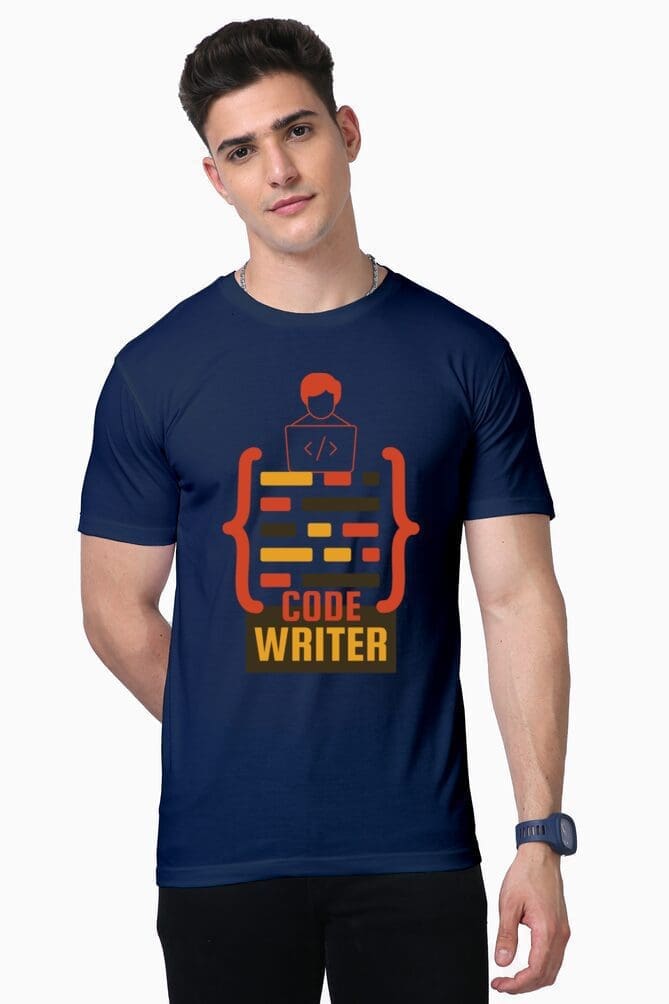 A person wearing a Premium Programmer T-shirt from Looga's exclusive collection, featuring a navy blue graphic design with code brackets, a stylized figure embellished with code symbols, and the words CODE WRITER in vibrant orange and yellow, poses against a plain white background. A person wearing a Premium Programmer T-shirt from Looga's exclusive collection, featuring a navy blue graphic design with code brackets, a stylized figure embellished with code symbols, and the words CODE WRITER in vibrant orange and yellow, poses against a plain white background.