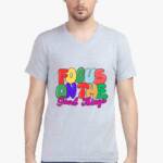 A light gray v neck t shirt with a vibrant ‘Love’ graphic,