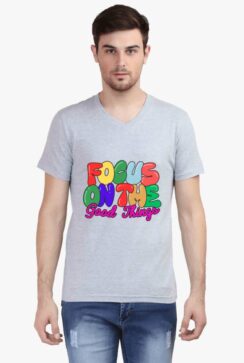 A light gray v neck t shirt with a vibrant ‘Love’ graphic,