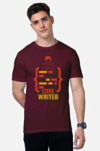 Maroon Programmer T-shirt showcasing a unique coding-inspired graphic design,