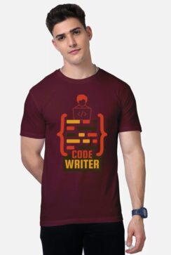 Maroon Programmer T-shirt showcasing a unique coding-inspired graphic design,