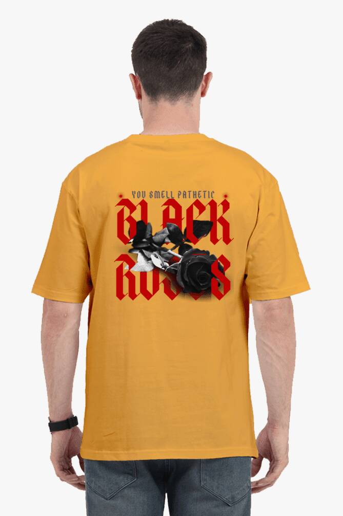 Golden Yellow A man showcasing the back of a yellow oversize t shirt with a bold red and black graphic