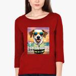 Stylish red long-sleeved Pet Lovers T-shirt for women with a fun dog graphic,