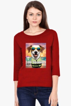 Stylish red long-sleeved Pet Lovers T-shirt for women with a fun dog graphic,