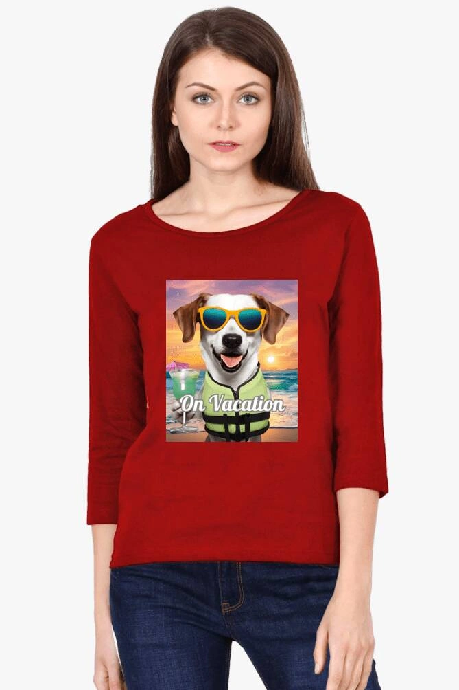 Stylish red long-sleeved Pet Lovers T-shirt for women with a fun dog graphic,