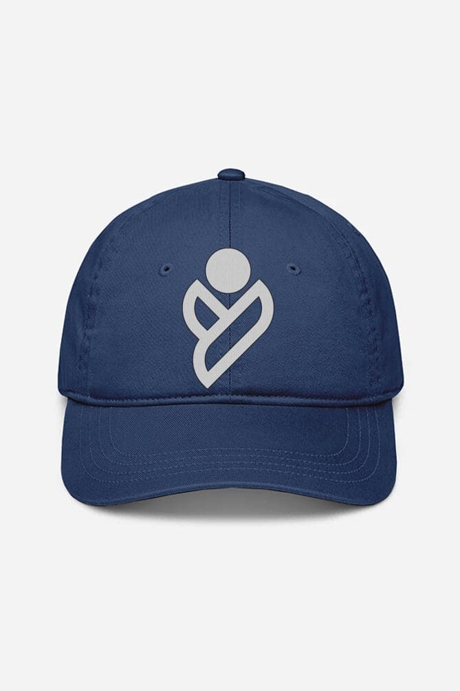 A unisex navy blue baseball cap from the "Looga" collection, featuring a silver abstract logo with a stylized geometric design combining circular and angular elements on the front. It comes with a curved brim and is set against a plain white background. Designed as the perfect baseball cap for both men and women. A unisex navy blue baseball cap from the "Looga" collection, featuring a silver abstract logo with a stylized geometric design combining circular and angular elements on the front. It comes with a curved brim and is set against a plain white background. Designed as the perfect baseball cap for both men and women.