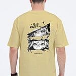 light yellow Oversized anime t shirt with black and white graphics and Japanese text
