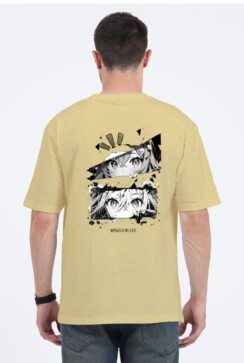 light yellow Oversized anime t shirt with black and white graphics and Japanese text