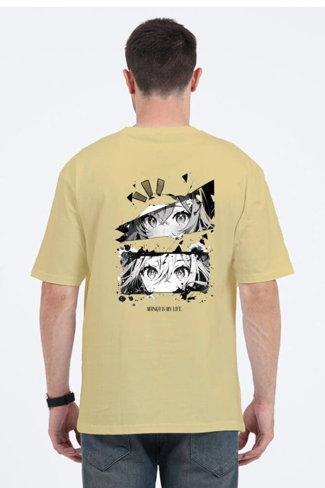 light yellow Oversized anime t shirt with black and white graphics and Japanese text