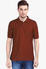 A person in a plain maroon Premium Cotton Polo T-Shirt for men and blue jeans stands against a white background, radiating effortless elegance with a touch of looga style.