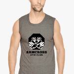 A person wearing a sleeveless gray fitness t-shirt featuring a black and white graphic