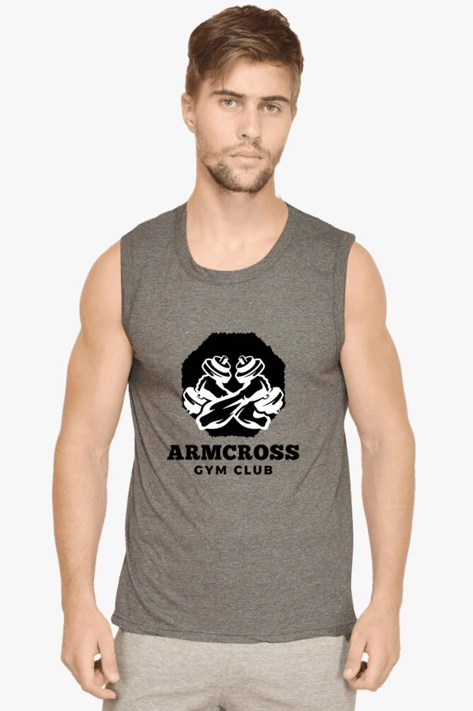 A person wearing a sleeveless gray fitness t-shirt featuring a black and white graphic