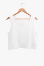 The Plain Color Crop Tank Top for Women - Ultimate Comfort and Style by Looga, a chic sleeveless white piece on a wooden hanger, stands out against a light grey backdrop, perfect for achieving an effortlessly minimalist look.